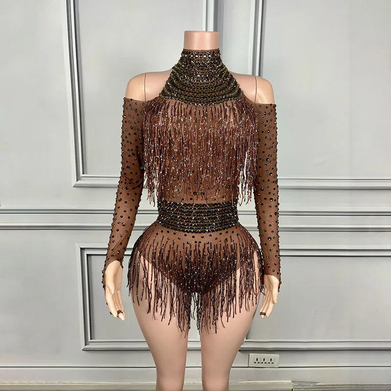 Latin Dance Costume Music Festival Disco Dancing Show Ball Evening Wear Birthday Party Banquet Dinner Rhinestone Mesh Jumpsuit
