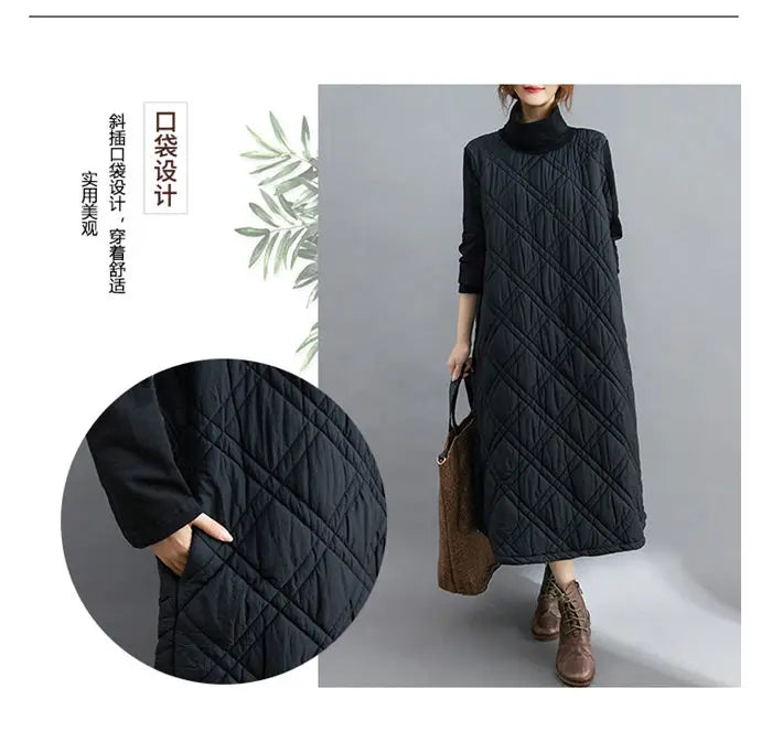 Retro Quilted Diamond Dress Thick Stitching Warm Autumn Winter Clothing New Women's High-Neck Casual Long Tunic y750