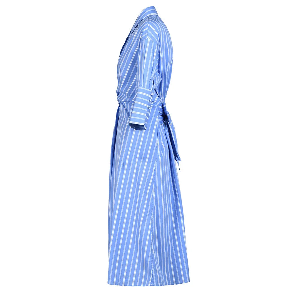 Bettergirl French Temperament Bow Lace-up Striped Skirt Autumn New Pleated Waist With Trousers Over the Knee Dress