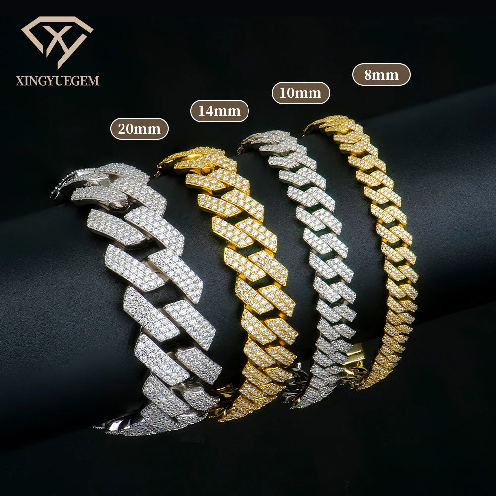 Wholesale Custom 8 10 12 14 18 20 mm 925 Sterling Silver Hiphop Jewelry Iced Out Diamond Moissanite Mossanite Cuban Bracelet