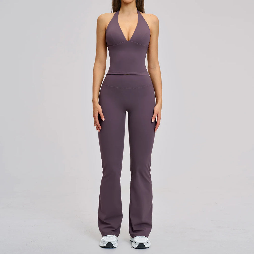 Women's Halter Backless Brushed Flare Yoga Set High Waist Flared Pants Workout Running Outfit