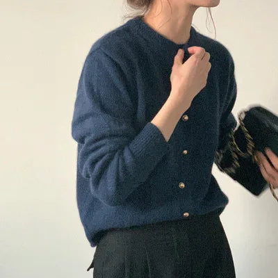 Knitted Cardigan Women 2026 New Korean Raccoon Cashmere Loose Solid Color Round Neck Sweater Coat Jacket Spring Autumn
