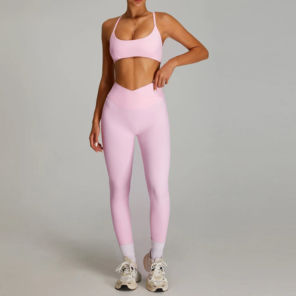 High Quality 2 Piece Cross V-shaped Waist Leggings Women Activewear Fitness & Yoga Wear Sports Bra Gym Fitness Sets
