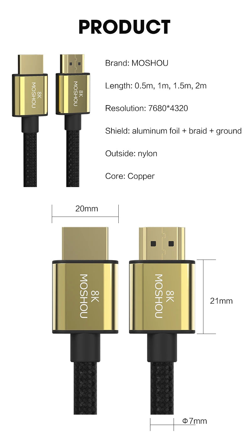 MOSHOU HDMI 2.1 Cable 8K 60Hz 4K 120Hz 48Gbps HDMI Splitter Cables EARC HDR10+ Video Cable HDMI2.1 for TV Box PS5