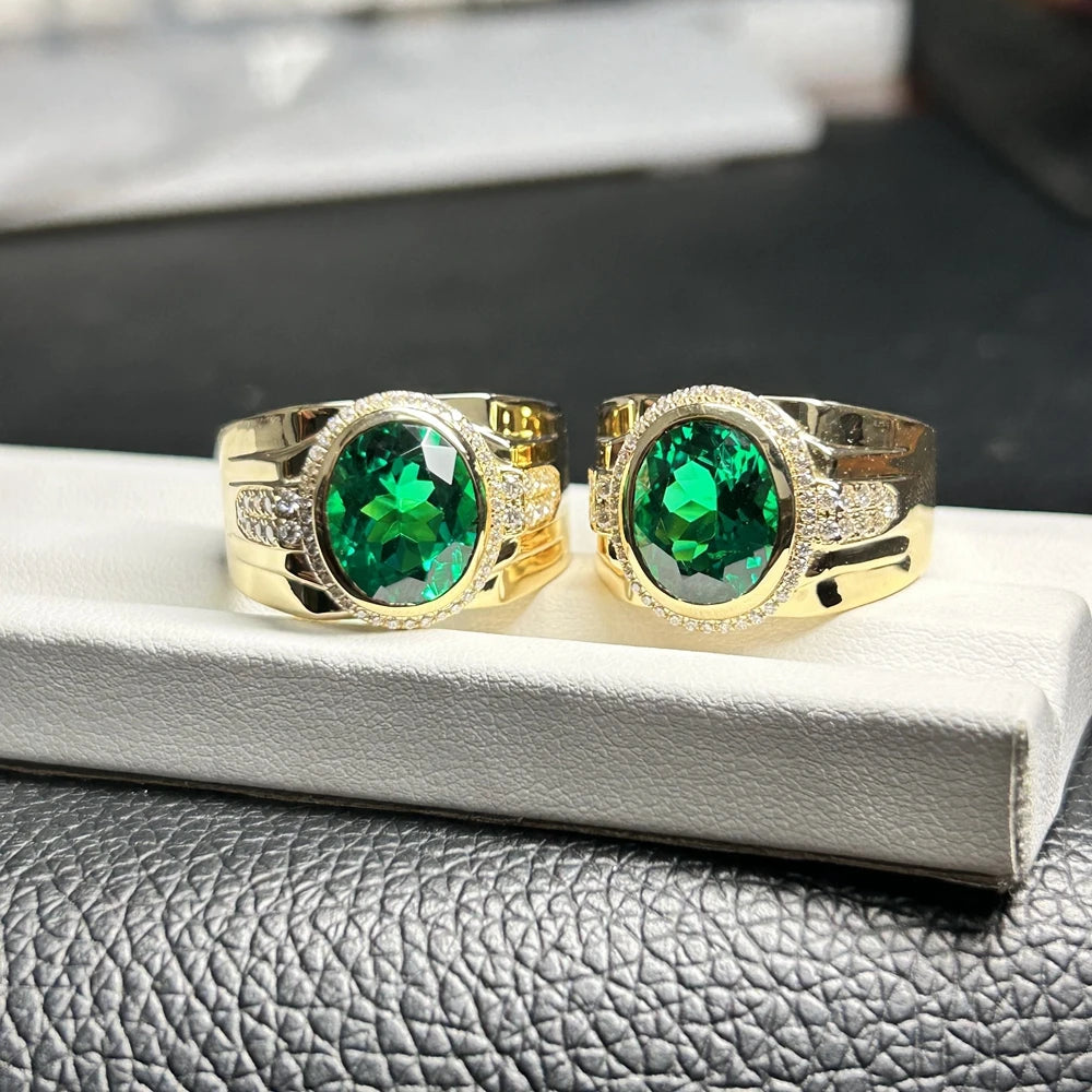 18K Solid Yellow Gold Rings 4 CTS 9.5x11.5mm Lab Green Oval Cut Emerald Gemstone Mens Ring