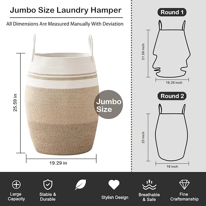 OIAHOMY Laundry Hamper Woven Cotton Rope Large Clothes Hamper 25.6" Height Tall Laundry Basket