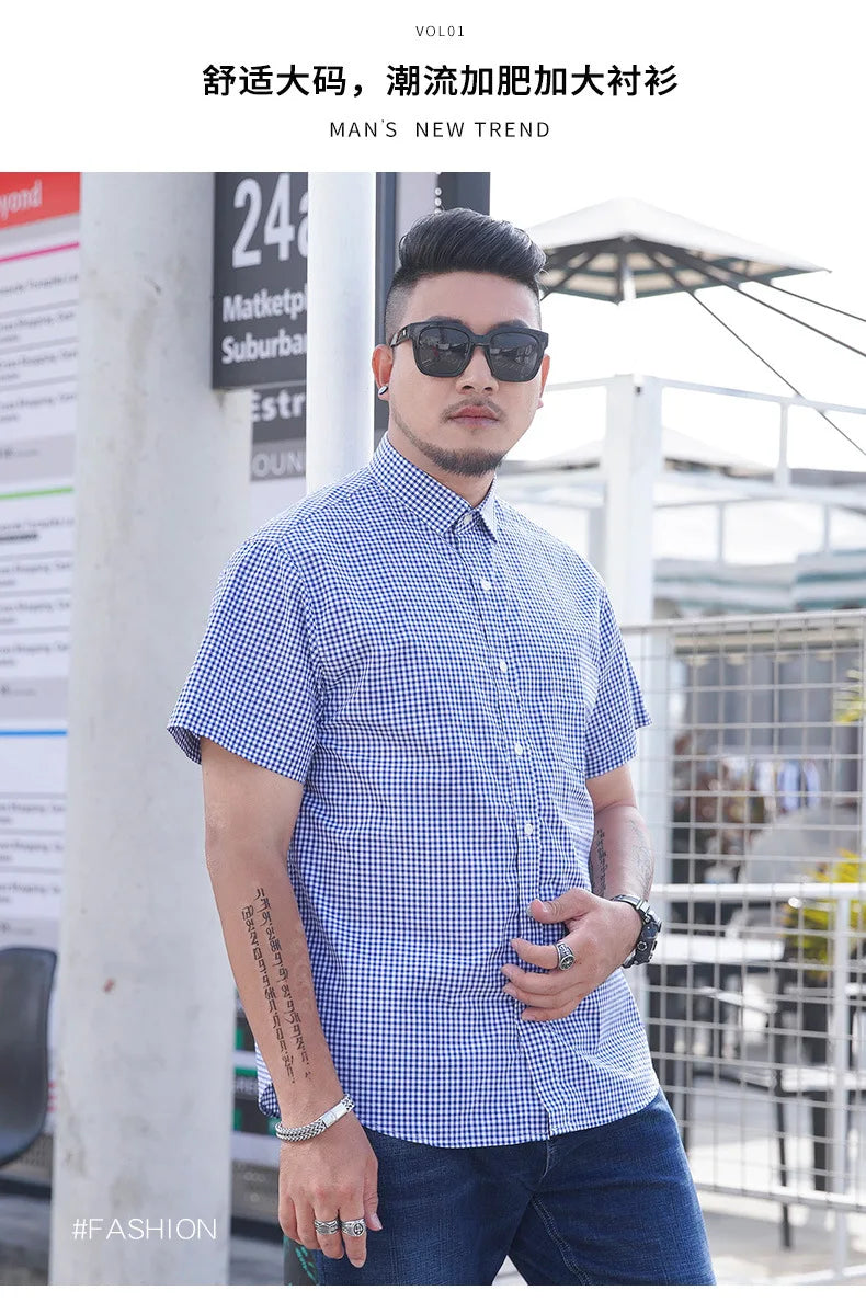 100% Cotton 5XL 6XL 7XL 8XL 12XL Men's Plus Size Shirts Fashion Casual Classic Style Comfortable Plaid Short Sleeve Shirt Male