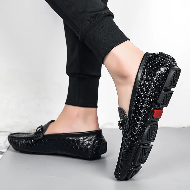 Men's Loafers Driving Shoes Gommino Penny Loafer Flats Woven Leather Moccasins Low-top Slip on Light Weight Spring Metal Casual