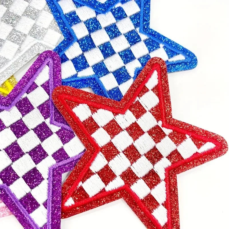 8 Pcs Glitter Star Iron on Patch Set Checkered Sequin Applique Embroidery DIY Badge for Clothes Backpack Hat Jacket Decor