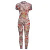 See Through Jumpsuit Women Backless Dragon Print Short Sleeve Fitness Activity Workout Overalls Slim Stretch Clubwear