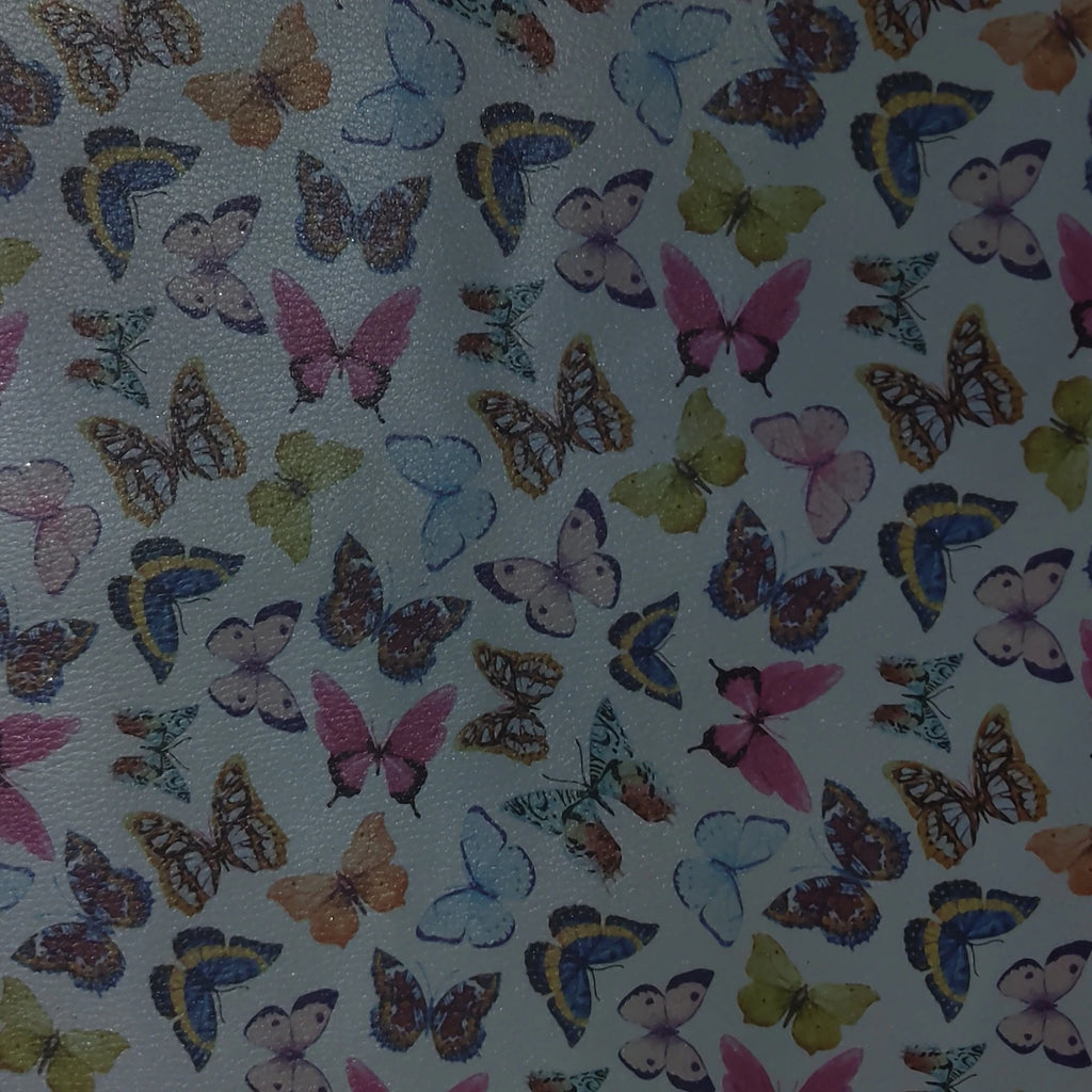 A-1127 PU Synthetic Leather Glitter Effect Butterflies Design Durable Fabric for Fashion Bags Shoes Sofas Outdoor Garment Use