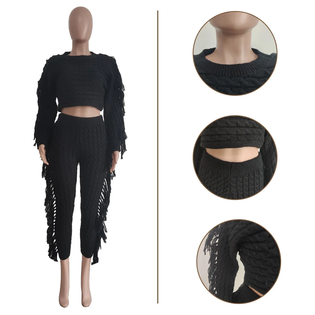 2025 Fall Winter Plus Size Women Clothing Long Sleeve Crop Top Two Piece Pants Set Drawstring Tassel Fringe Pants 2 Piece Set