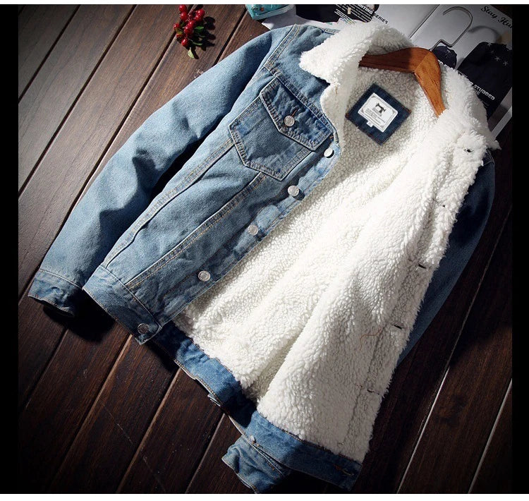 Men's Winter Warm Berber Fleece Denim Jacket Slim Fit Thicken Coat Outerwear Black Blue