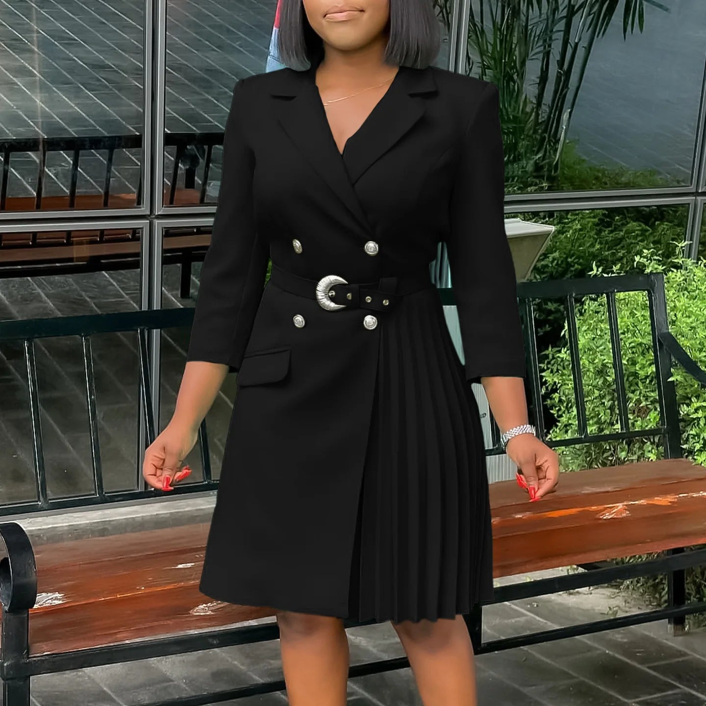 D3284 Custom Ladies Office Dresses Women Casual Long Sleeve V-neck Pleated Women Dresses for Office Work Formal Suit Dress