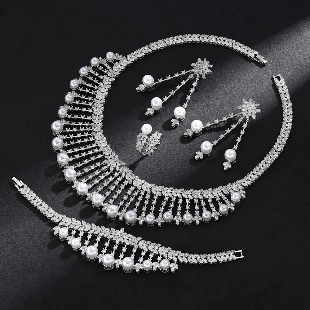 Hotsale  Bridal Jewelry Sets New Fashion Dubai  White Pearl Necklace Sets for Women Wedding Party Accessories