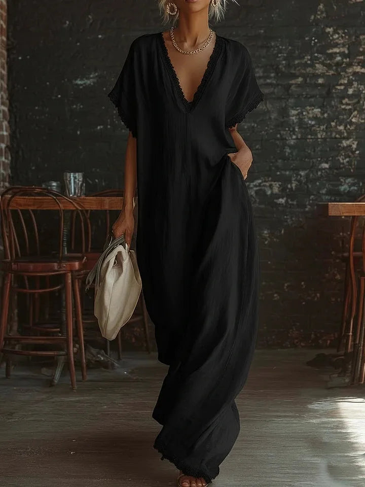 Casual Maxi Dress Women Polyester V Neck Short Sleeve with Ruffle Trim Vacation Daily Wear Flowy Fast Delivery