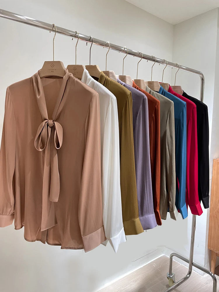 SuyaDream Women's Silk Blouse Long Sleeve Bow Collar Office Chic Solid Color Shirt 93% Silk 7% Spandex Spring 2025