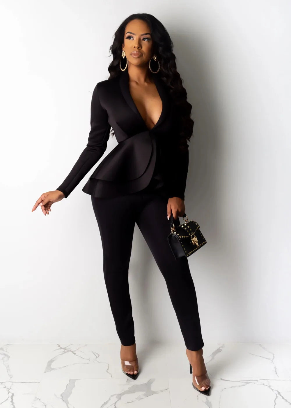 New 2025 Women Long Sleeve Solid Ruffles Design Top & Skinny Pencil Pant Sets Two Piece Set Women Outfits