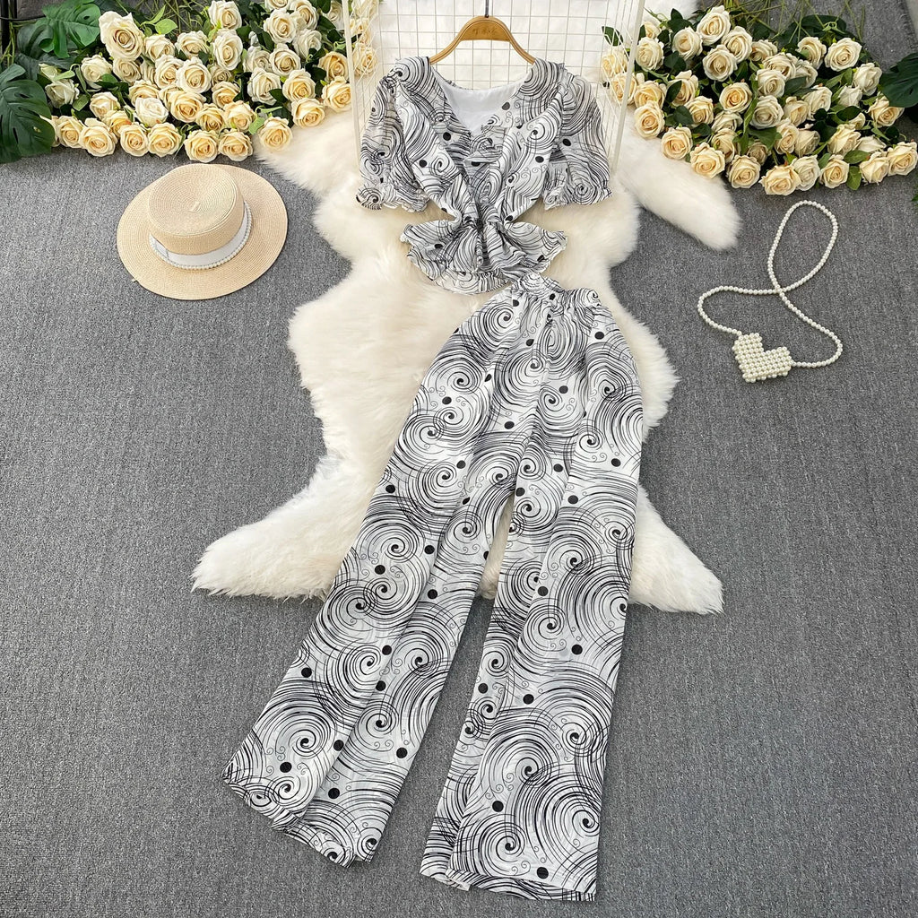 Lotus Leaf V-neck Short Sleeved T-shirt and High Waist Printed Chiffon Straight-leg Wide-leg Pants Two-piece Set