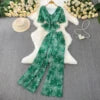 Lotus Leaf V-neck Short Sleeved T-shirt and High Waist Printed Chiffon Straight-leg Wide-leg Pants Two-piece Set