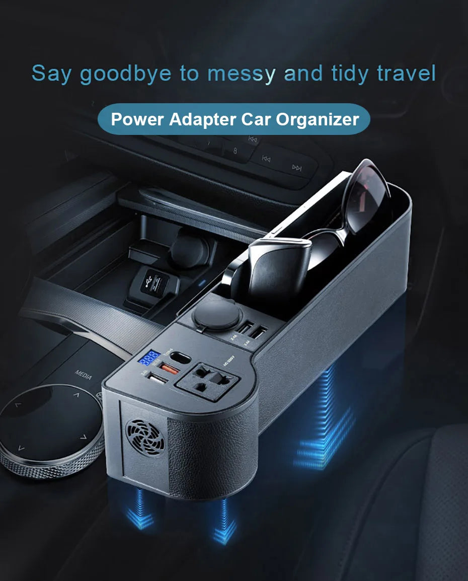 SEAMETAL Car Organizer with 12V/24V to 220V Inverter Seat Crevice Storage Box 4-USB Ports QC3.0 Fast Charging for Smartphone