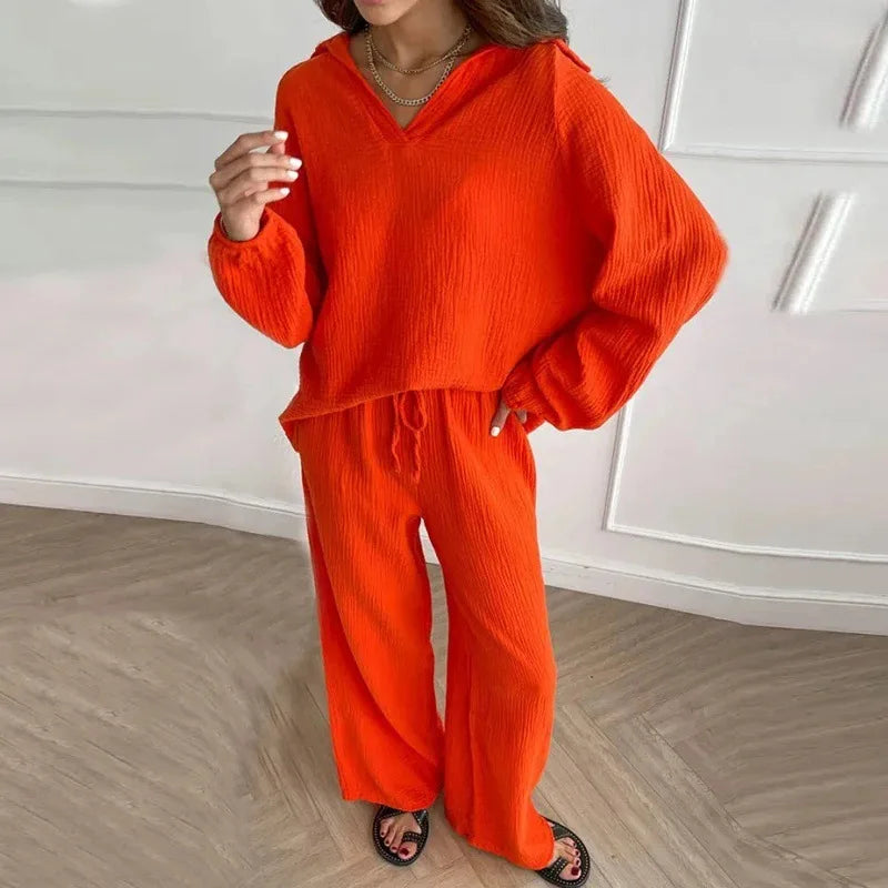 Boutique Wholesale 2026 Spring New Elegant  Casual Loose Polo Collar Sleeved Top Drawstring Pants Women's Set