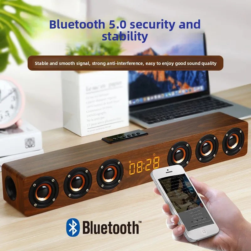 K6 Multifunctional Home Theatre Soundbar Speaker with RGB LED Lighting Wooden for Bluetooth Subwoofer Clock Alarm Battery