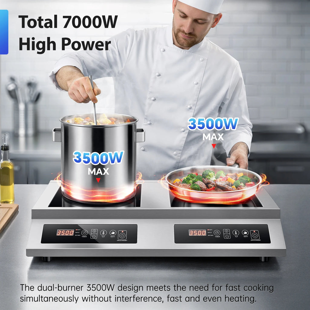 Commercial Induction Cooktop,7000W Double Burners Commercial Induction Cooker,Soft Touch Control ,Four Digital Display
