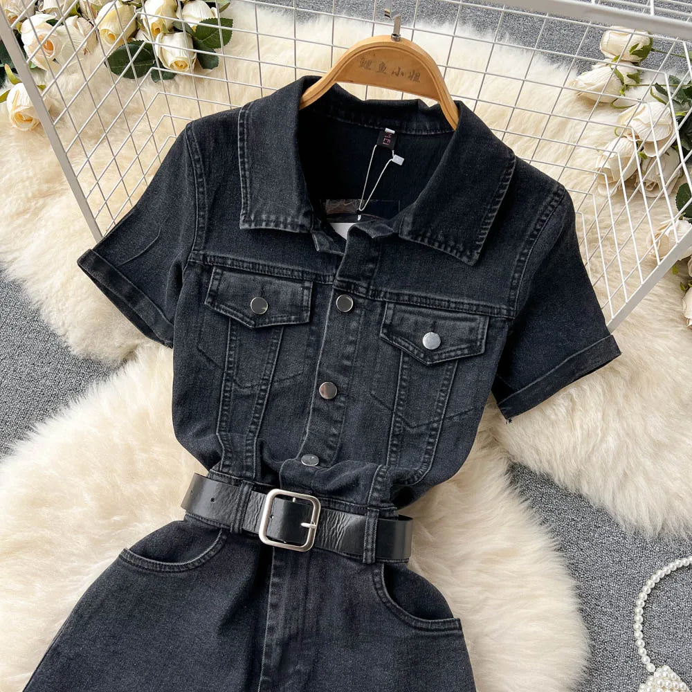 2024 Summer Elegant V-neck Jumpsuit for Women High Waist Denim Short Jumpsuit Ladies Elegant Overalls Wholesale