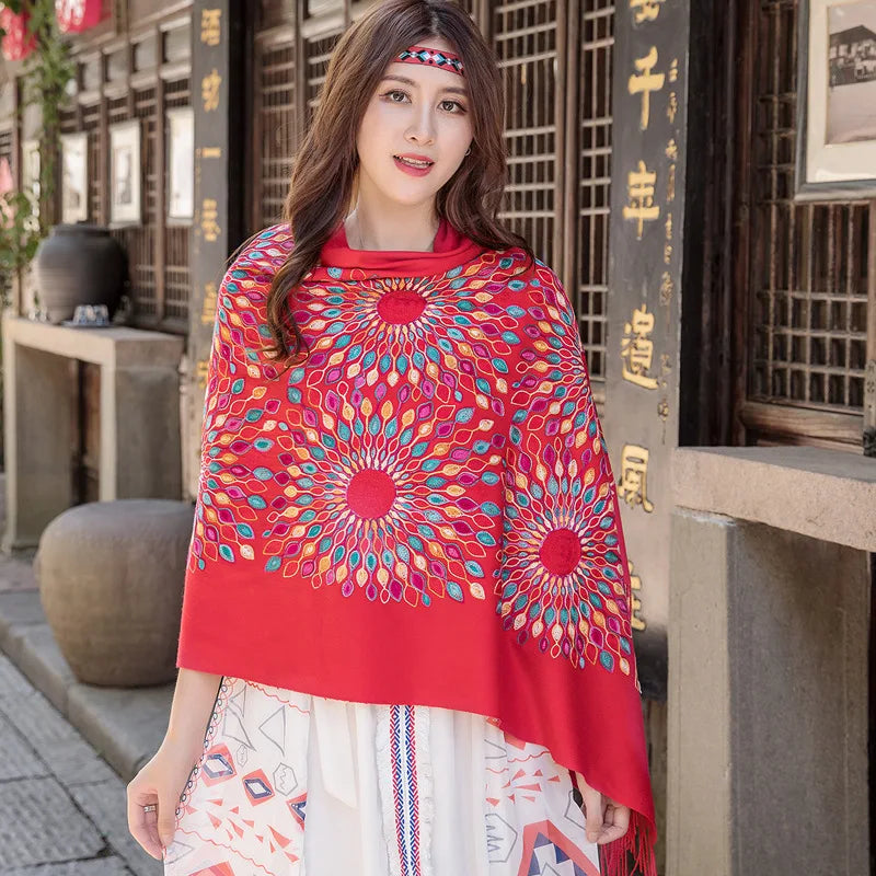 Wholesale JiYun 2025 Ladies Winter Scarf Shawl Floral Tassel Embroidery Soft Heavy Cashmere Feel-Hot Sale Winter Accessory