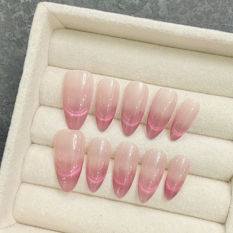 High Quality Bulk Cat Eye French Style pink Acrylic Gel Short Almond square Stiletto Handmade Wear Press on Nails