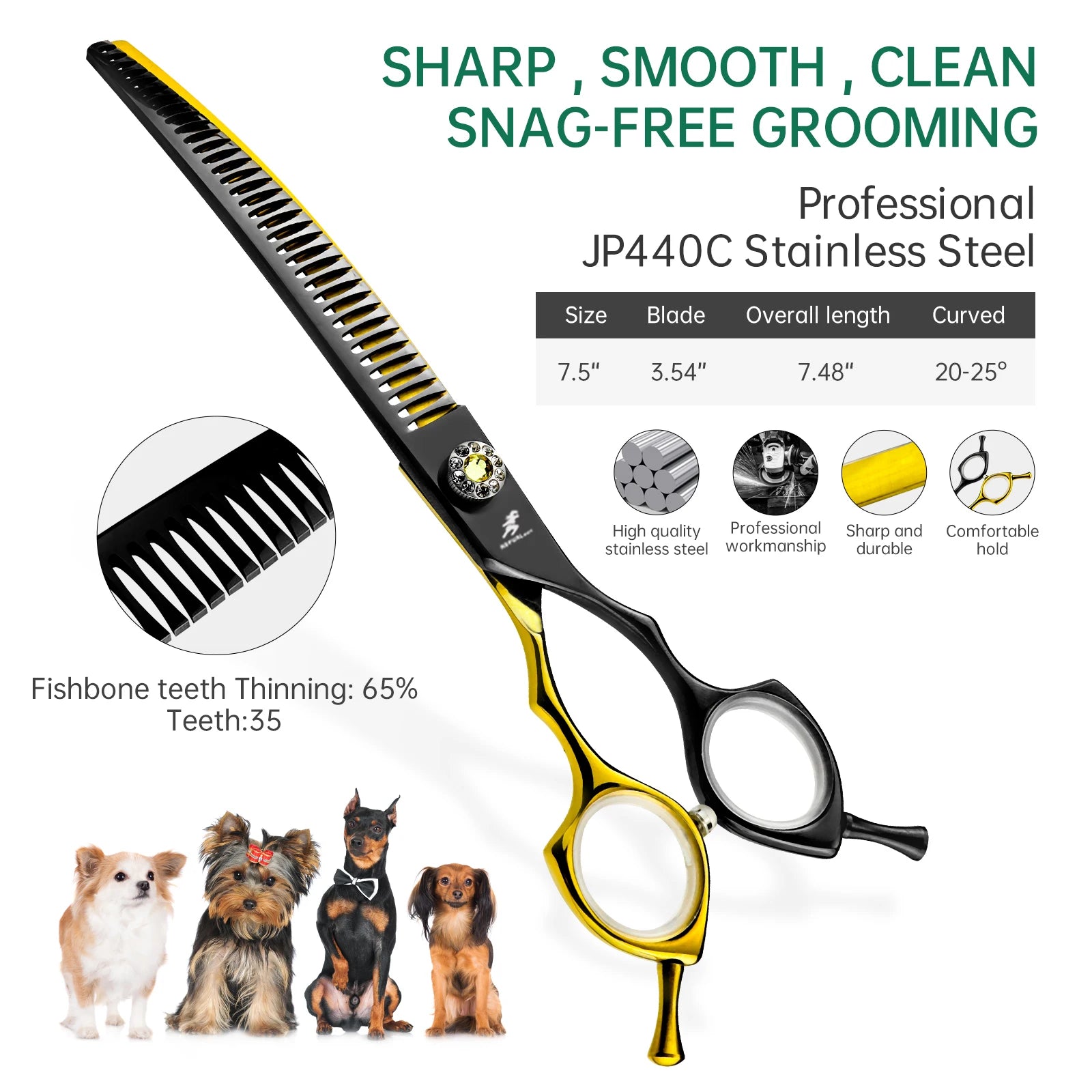 7.5inch Black&Gold Japan 440c Curved Fishbone/Dense Scissors  Paint  Shaped Scissors Pet Grooming Veterinary  Scissors PT-173
