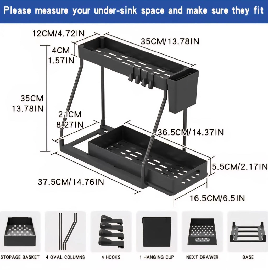 Hot Multi-functional 2 Tier Under Sink Kitchen Storage Organizer Countertop Rack Storage Containers Hooks Hanging Cup