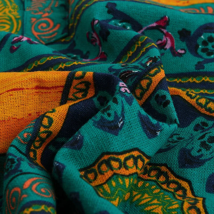 New Cotton Mens Shirt Ethnic Print Vintage Short Sleeve Streetwear Tops Tess Loose Male Beachwear Holiday Hawaiian Shirts