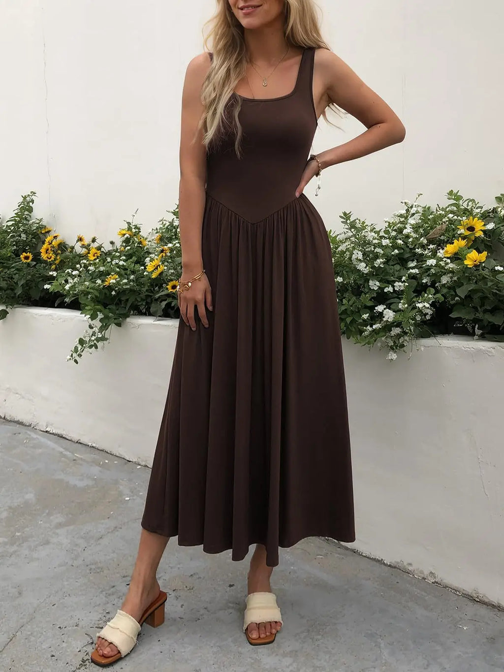 2025 Summer Women Tie Dye Midi Dress Square Neck Sleeveless Pleated Casual Beach Party Outfit
