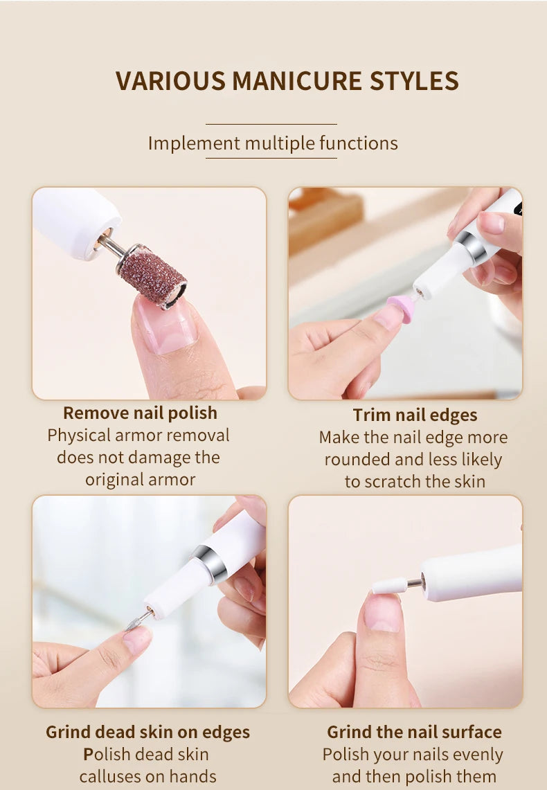 Electric Nail Drill File for Acrylic Gel Dip Powder Nails Portable Nail Drill Machine Kit Manicure Pedicure Tools Polishing Set