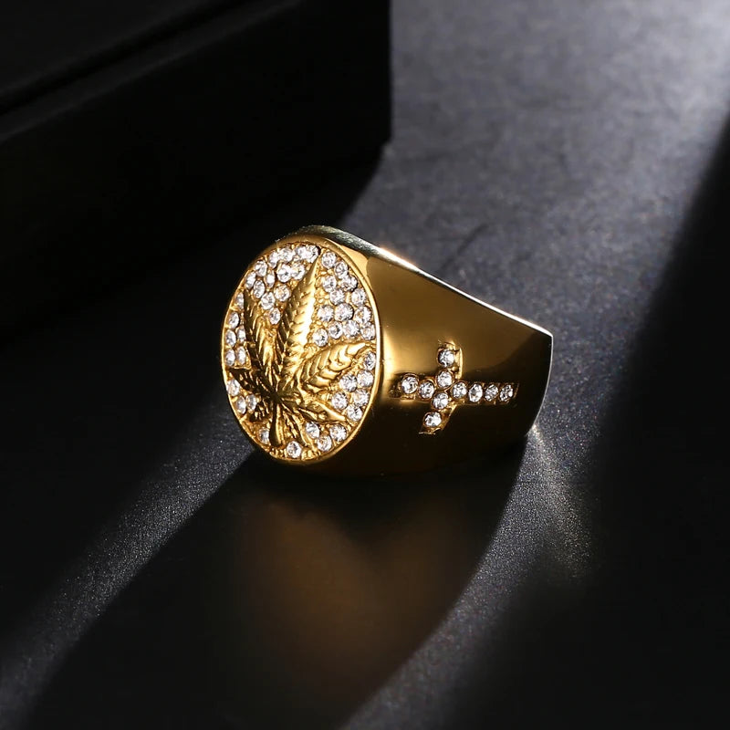 Men's Ring HIP Hop Iced Out Bling Gold Stainless Steel Micro Paved Rhinestone Maple Leaf Rings Cross Diamond Ring
