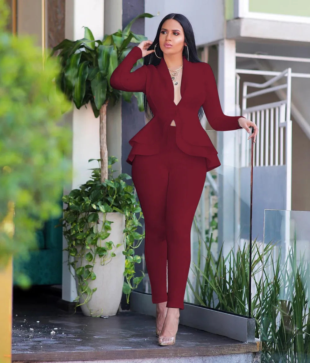 New 2025 Women Long Sleeve Solid Ruffles Design Top & Skinny Pencil Pant Sets Two Piece Set Women Outfits