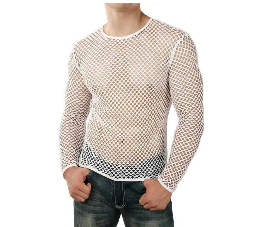 Mens Transparent Sexy Mesh T Shirt New See Through  Fishnet Long Sleeve Muscle Undershirts Nightclub Party Perform Top Tees
