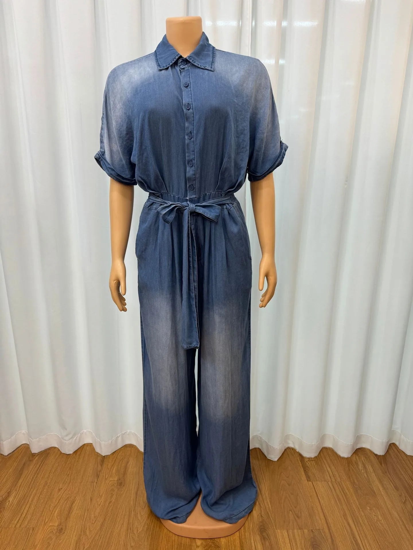 HK7248 Customized Summer Jumpsuits Women Casual Turn-Down Collar Breasted Lace up Short Sleeve Loose Wide Leg Jumpsuit for Women
