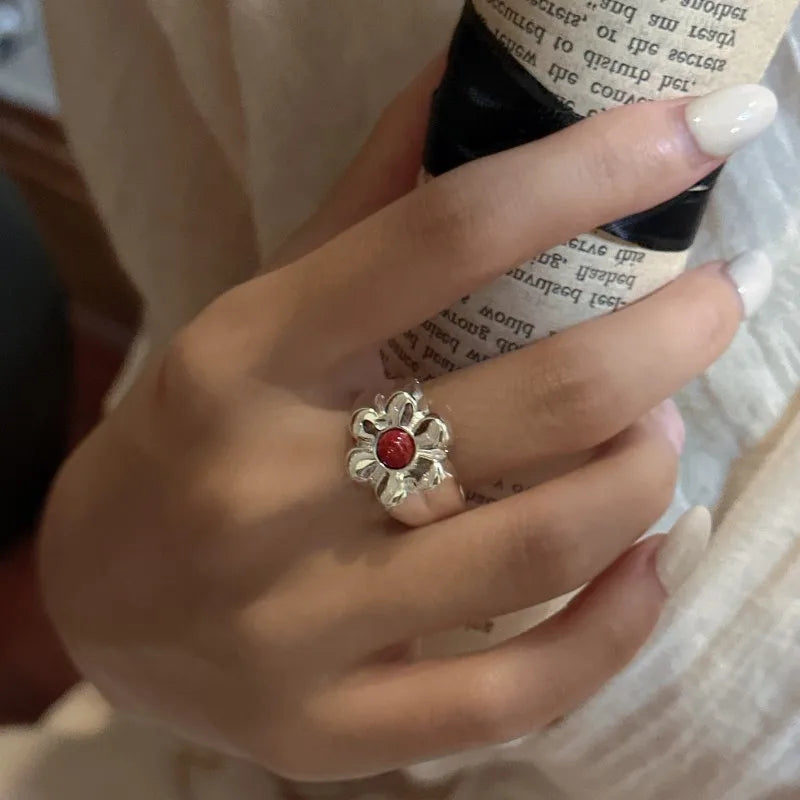 Natural Red Stone 925 Sterling Silver Big Flower Shape Adjustable Rings for Women