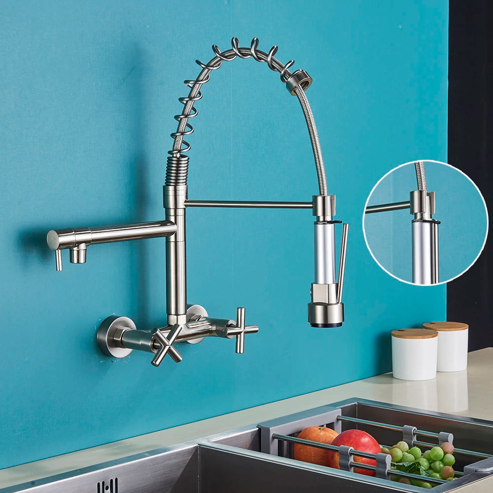 Chrome Spring Kitchen Faucet 360 Rotation Pull Down Hand Sprayer with Buckle Kitchen Taps Wall Mounted Cold Hot Water Mixer Taps