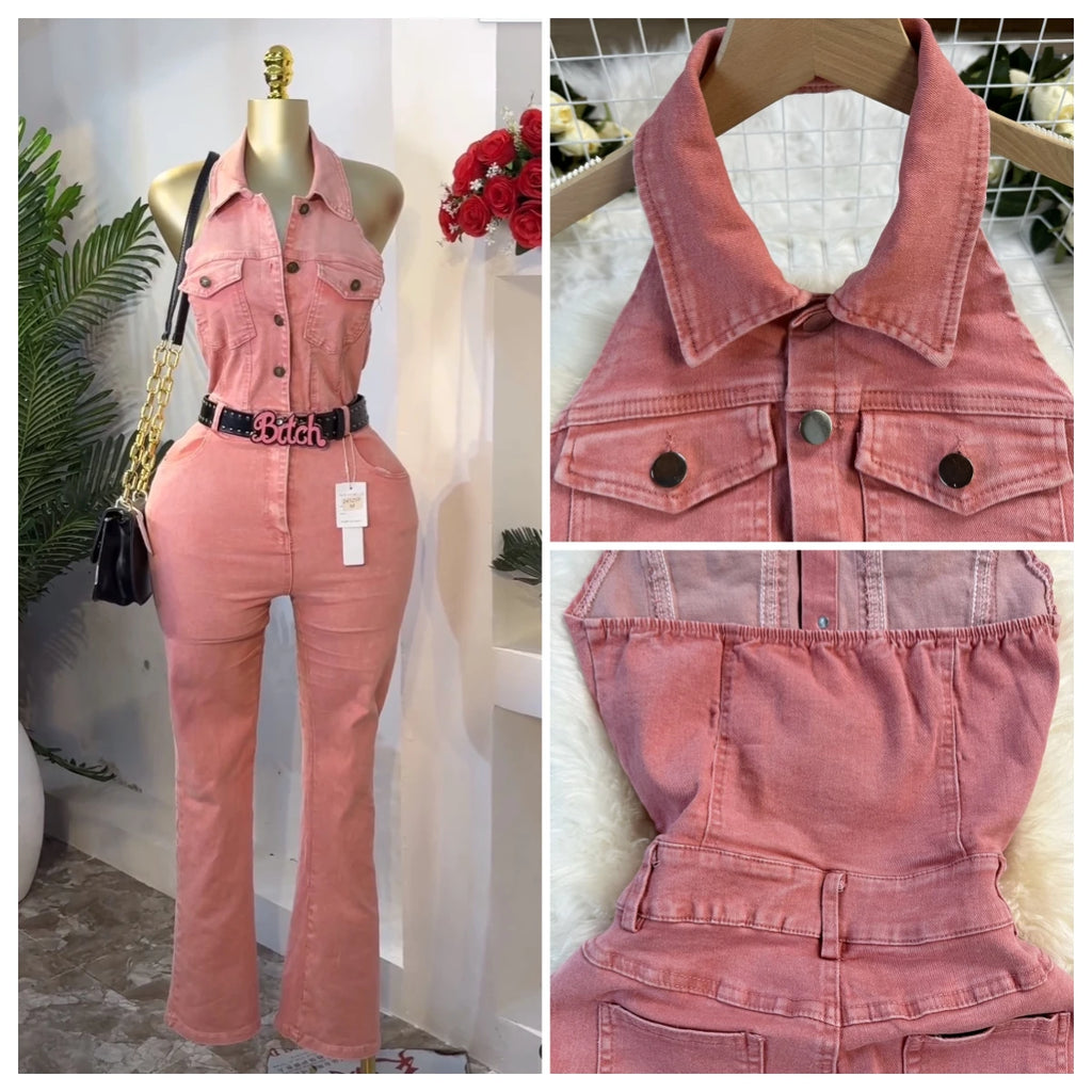 25 Trendy Vintage Turn-down Collar Tunic Slim Jumpsuit for Women High Waist Denim Long Jumpsuit Ladies Retro Overalls Wholesale