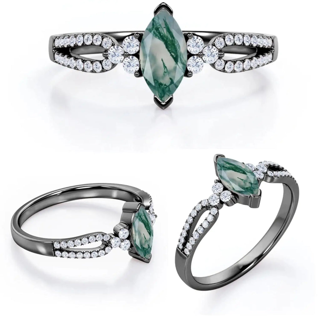 925 Sterling Silver Marquise Cut Engagement Ring with Moss Agate Moissanite Double Shank Engraved Design Prong Set Luxury Style