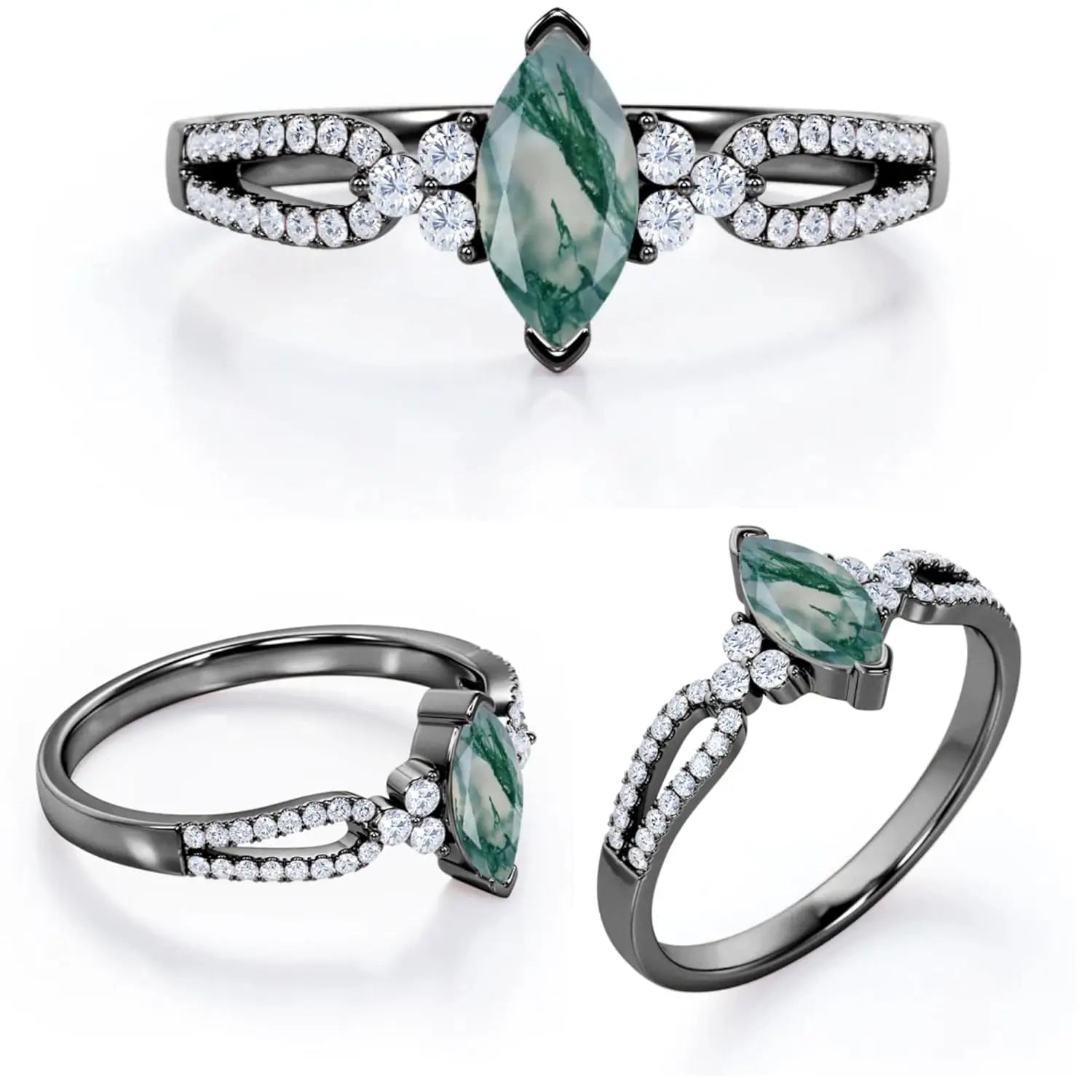 925 Sterling Silver Marquise Cut Engagement Ring with Moss Agate Moissanite Double Shank Engraved Design Prong Set Luxury Style