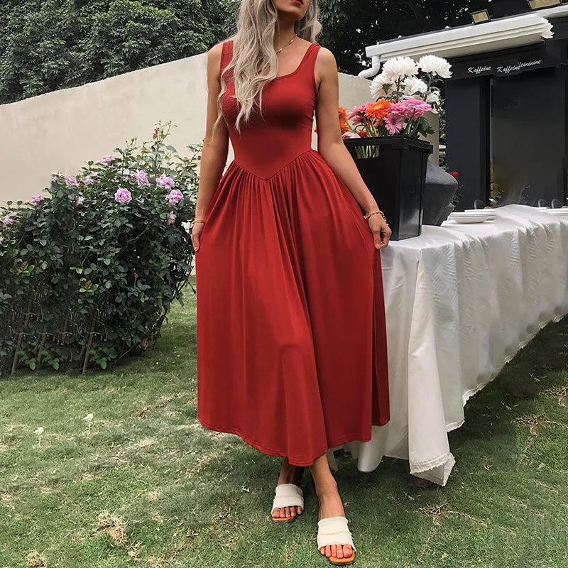 2025 Summer Women Tie Dye Midi Dress Square Neck Sleeveless Pleated Casual Beach Party Outfit