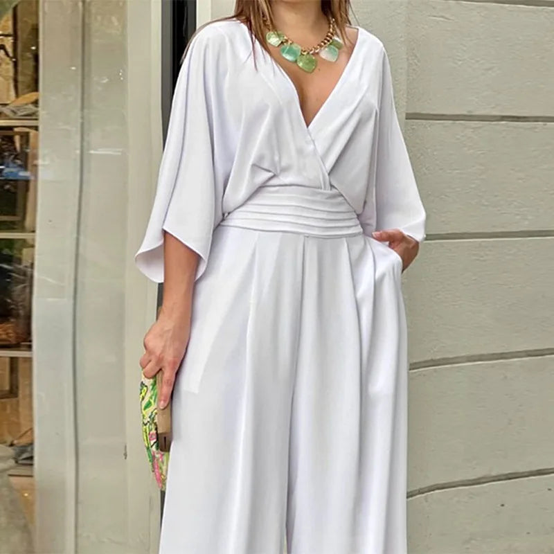 S-3XL Elegant Winter Women's Clothing Fashionable Solid Color Short Sleeved Casual V-neck European and American Style Jumpsuit