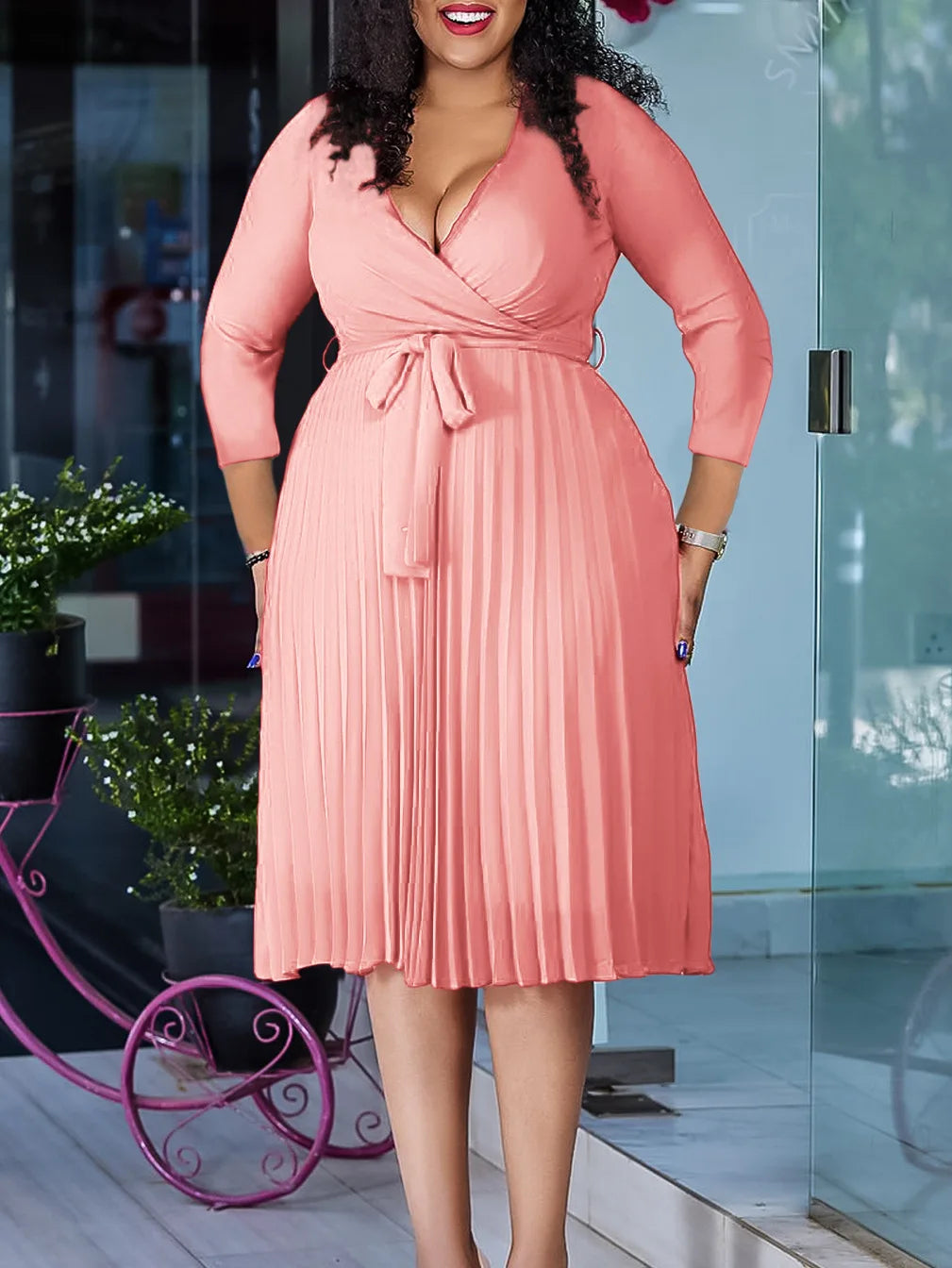 Women's Dress 2024 New Style Casual Elegant Solid Color V-neck Long Sleeve Pleated Skirt