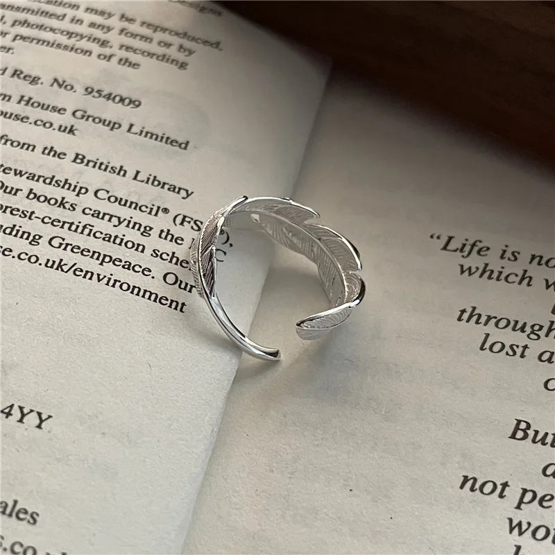 100% Real 925 Sterling Silver Geometric Open Adjustable Feather Finger Rings for Women Fine Jewelry