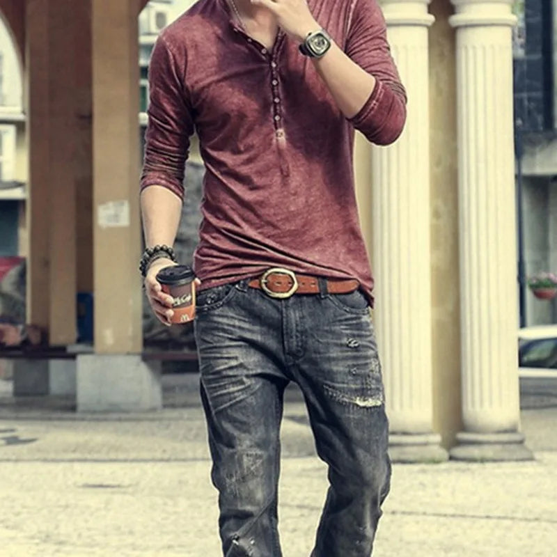 Men Tee Shirt V-neck Long Sleeve Tee&Tops Stylish Buttons T-shirt 2026 Autumn Casual Henley shirt Solid Male Clothing 5XL